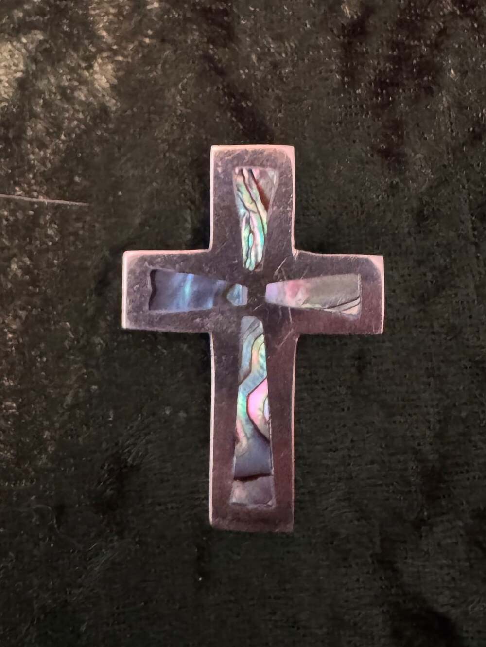 Vintage Alpaca Mexico Abalone Inlaid Cross Pendant Brooch